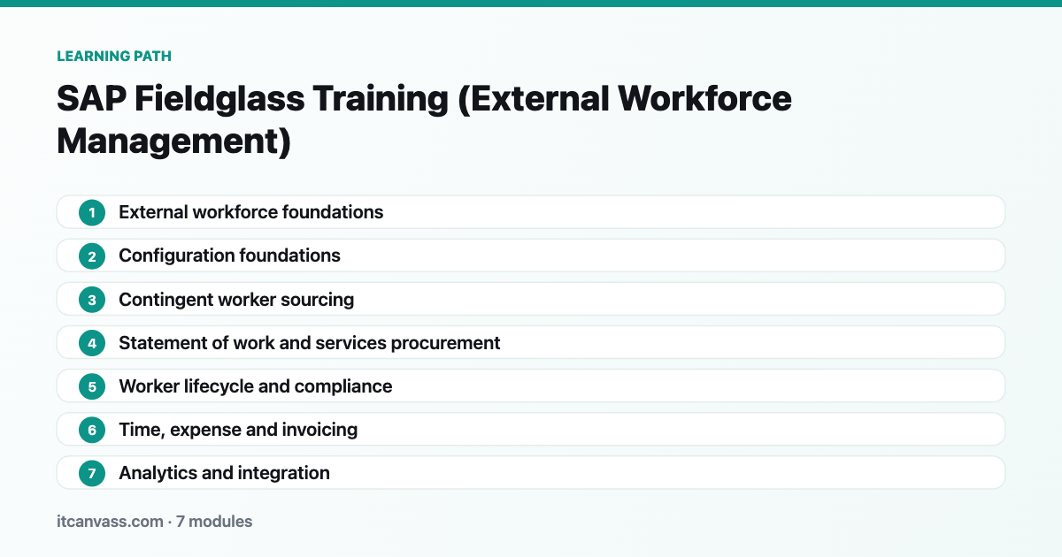 SAP Fieldglass Training (External Workforce Management) learning path: 7 modules from external workforce foundations to analytics and integration