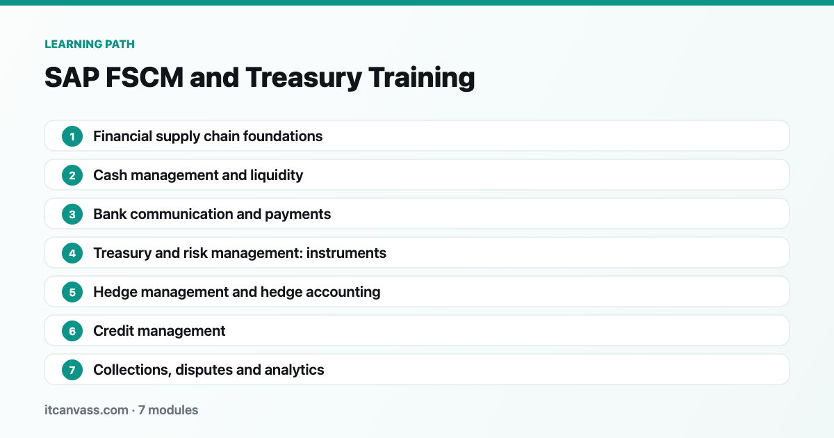 SAP FSCM and Treasury Training learning path: 7 modules from financial supply chain foundations to collections, disputes and analytics