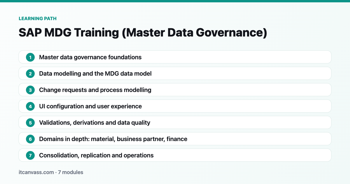 SAP MDG Training (Master Data Governance) learning path: 7 modules from master data governance foundations to consolidation, replication and operations