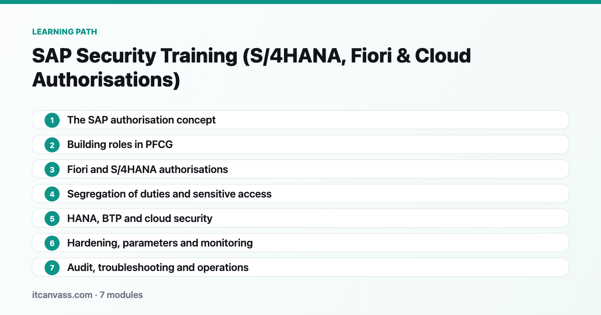 SAP Security Training (S/4HANA, Fiori & Cloud Authorisations) learning path: 7 modules from the sap authorisation concept to audit, troubleshooting and operations