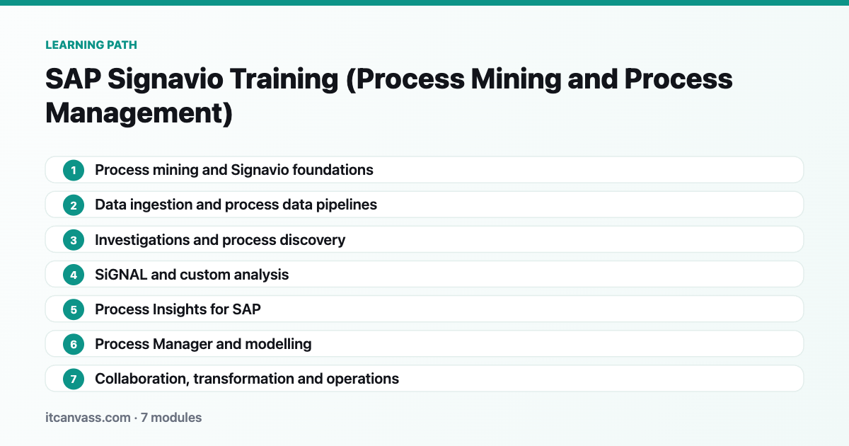 SAP Signavio Training (Process Mining and Process Management) learning path: 7 modules from process mining and signavio foundations to collaboration, transformation and operations